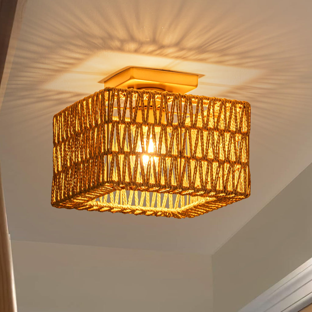 Rpzloila Rattan Ceiling Light, Gold Boho Light Fixture, Square Flush Mount Ceiling Light for Bedroom, Hallway, Entryway, Kitchen, Cabinet