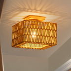 Rpzloila Rattan Ceiling Light, Gold Boho Light Fixture, Square Flush Mount Ceiling Light for Bedroom, Hallway, Entryway, Kitchen, Cabinet