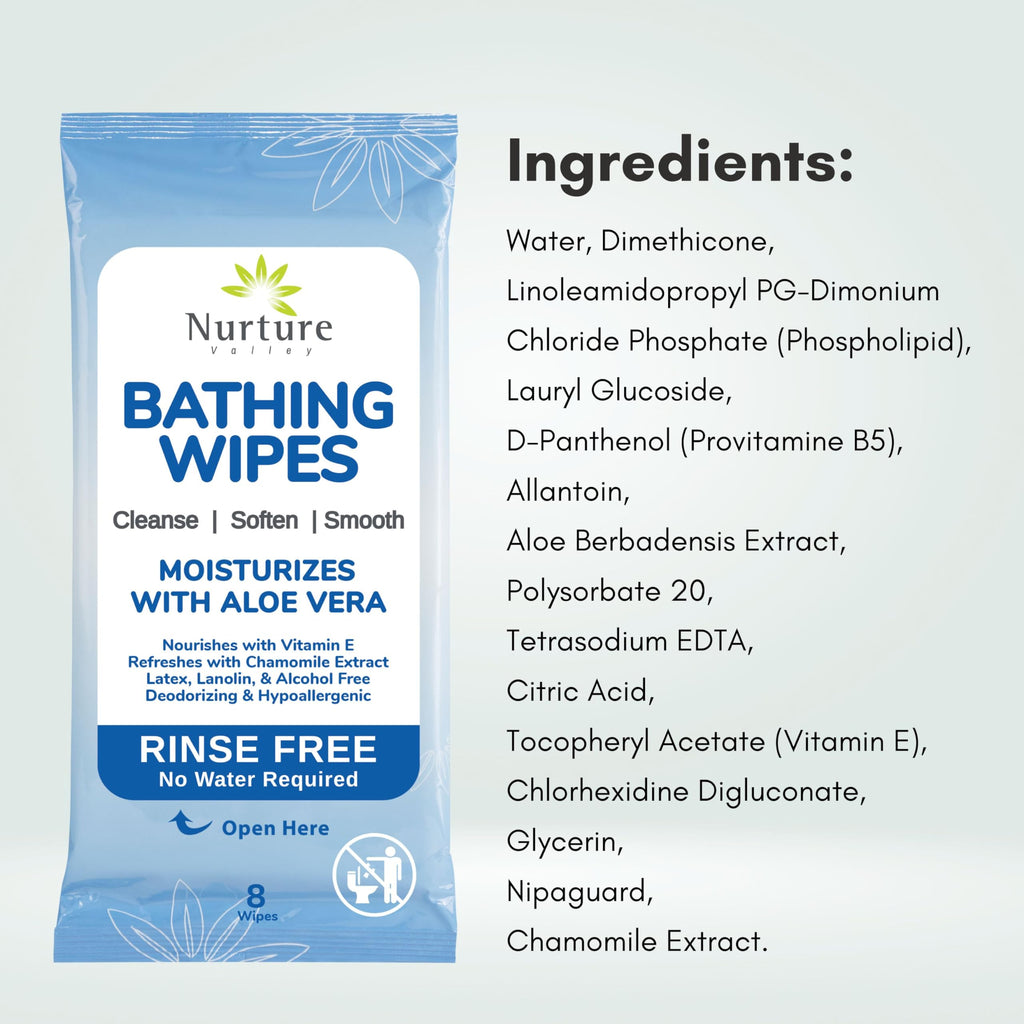 Nurture Rinse Free Bathing Wipes for Adults w/Aloe | Waterless Cleansing for sensitive skin | Disposable Adult Body Bath Wet Wipe for Disabled Bedridden | 64 wipes