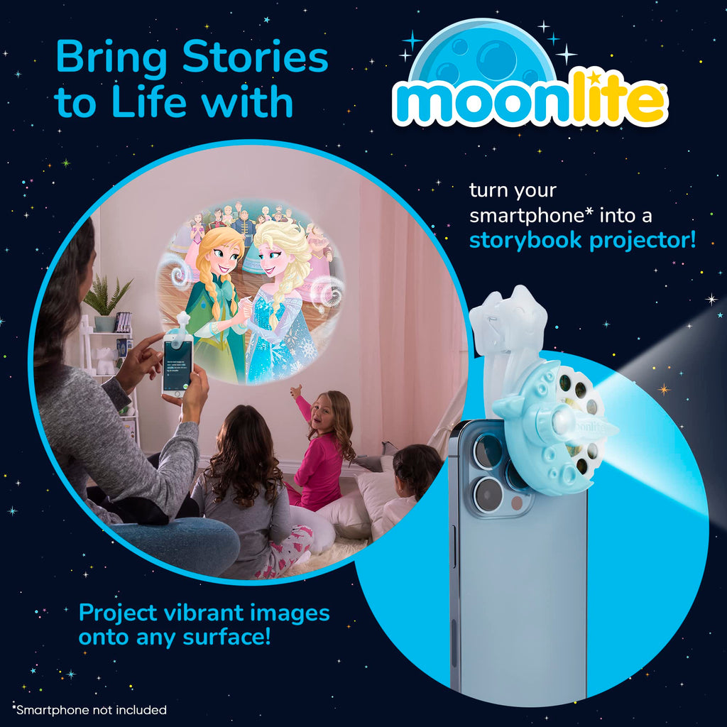 Moonlite Storytime Mini Projector with 4 Disney Frozen Stories, A Magical Way to Read Together, Digital Princess Storybooks, Fun Sound Effects, Learning Gifts for Kids Ages 1 and Up