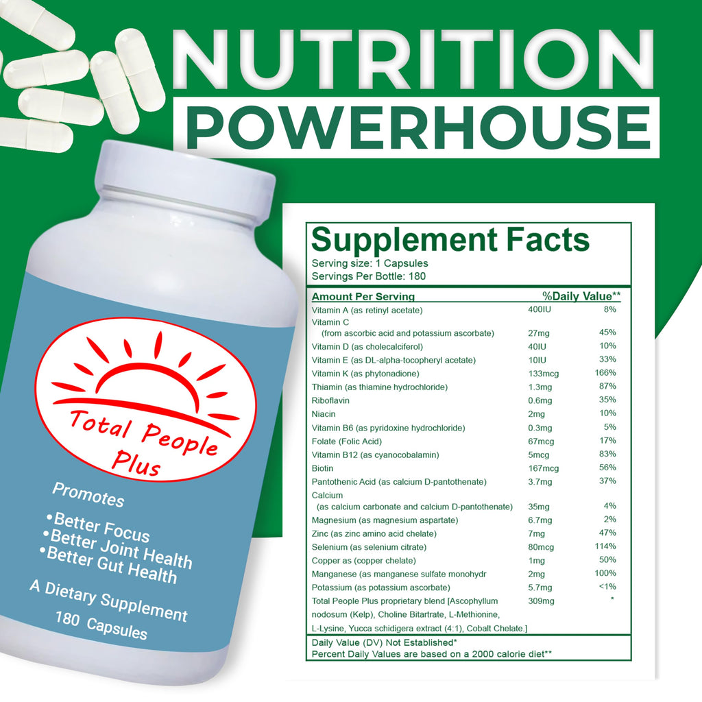 Total People Plus - Multivitamin & Minerals for Adults - Dietary Supplements Rich in Major Minerals with Mix of Vitamins A, D, and E - Boosts Energy and Vitality - 180 Capsules