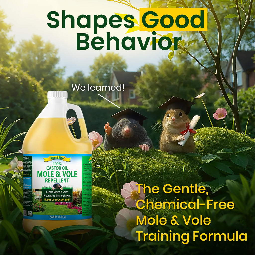 Nature's MACE Mole and Vole Mace, Mole Deterrent for Yard, 1 Gallon, 100% Pure Castor Oil, Lawns, Mole Repellent, Stop Tunneling, Mole Remover Treatment, Castor Oil Repellent, People, Pet, Plant Safe