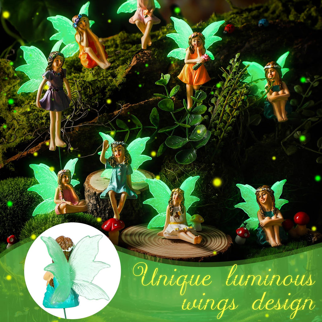 Suzile 11 Pcs Mini Fairies Figurines Miniature Fairy Resin Figurines with Luminous Wings Garden Accessories for Outdoor Yard Pot Plants and Mini Garden Lawn Decorations