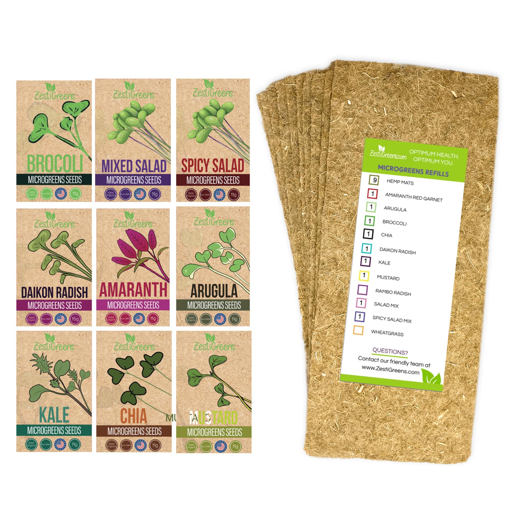 Microgreens Kit Refills - 9 Mats and 9 Different USA Seed Packs