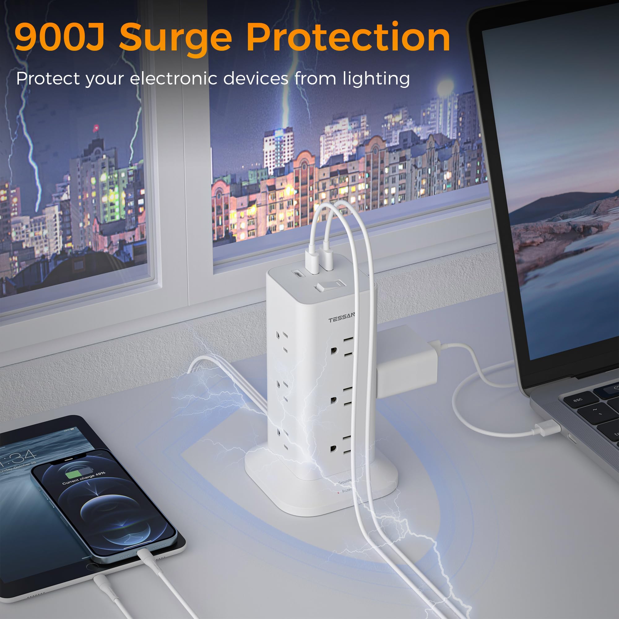 Power Strip Tower with Surge Protection, TESSAN Flat Plug Extension Cord 6 Feet with Multiple Outlets 3 USB Ports (1 USB C), Office Desk Supplies, Dorm Essentials