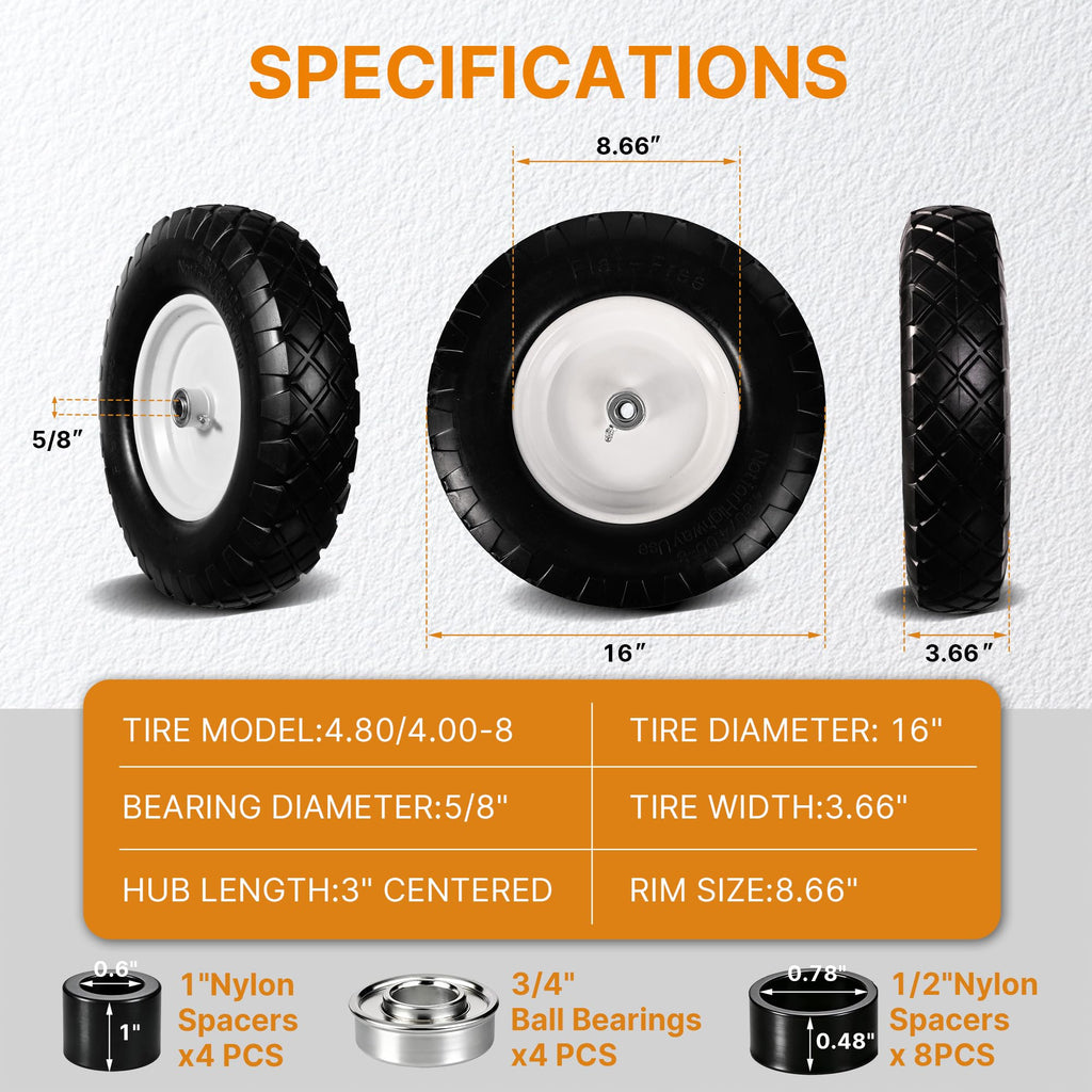 TPXQWL 16" 4.80/4.00-8 Flat Free Wheelbarrow Tire & Wheel, 2-Pack