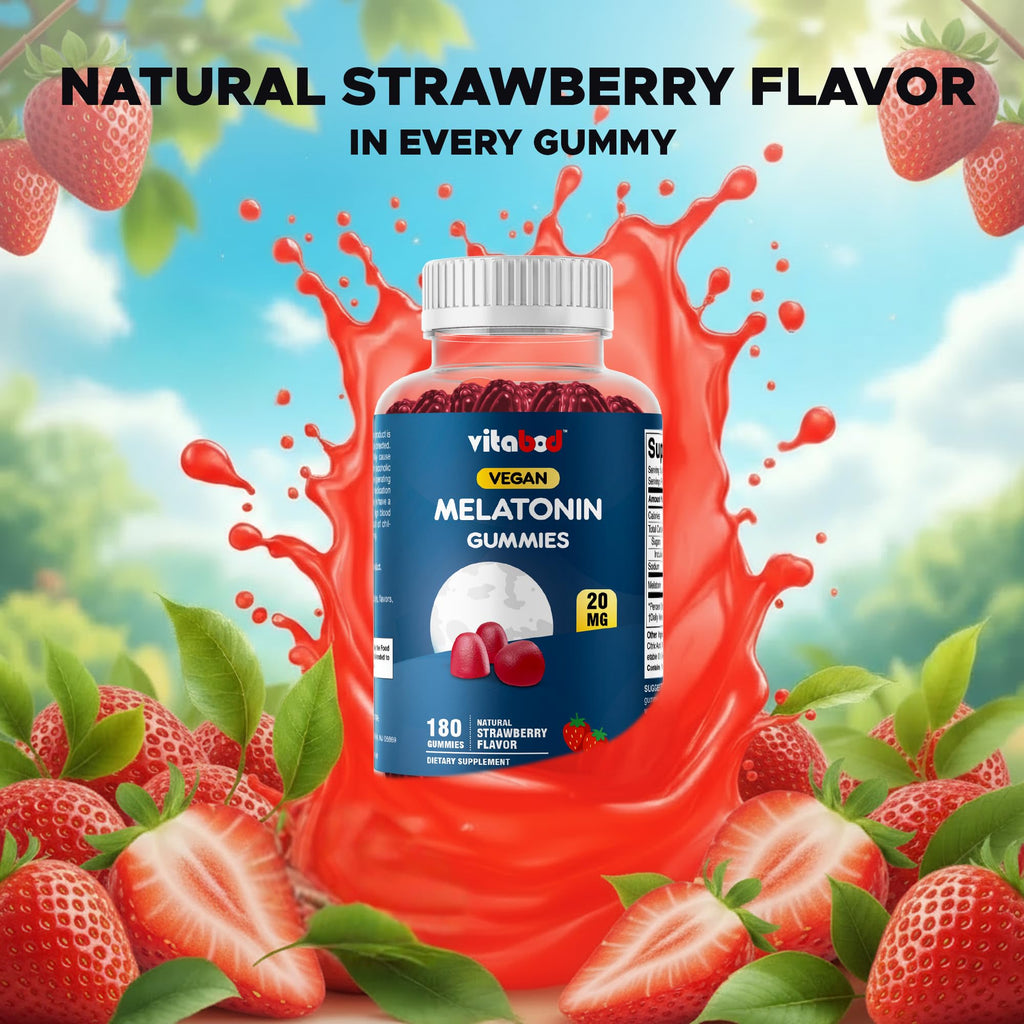 Vitabod Melatonin 20mg Gummies - 180 Count - Drug Free - Natural Strawberry Flavor - Vegetarian, Non-GMO, Gluten Free (3 Bottles)
