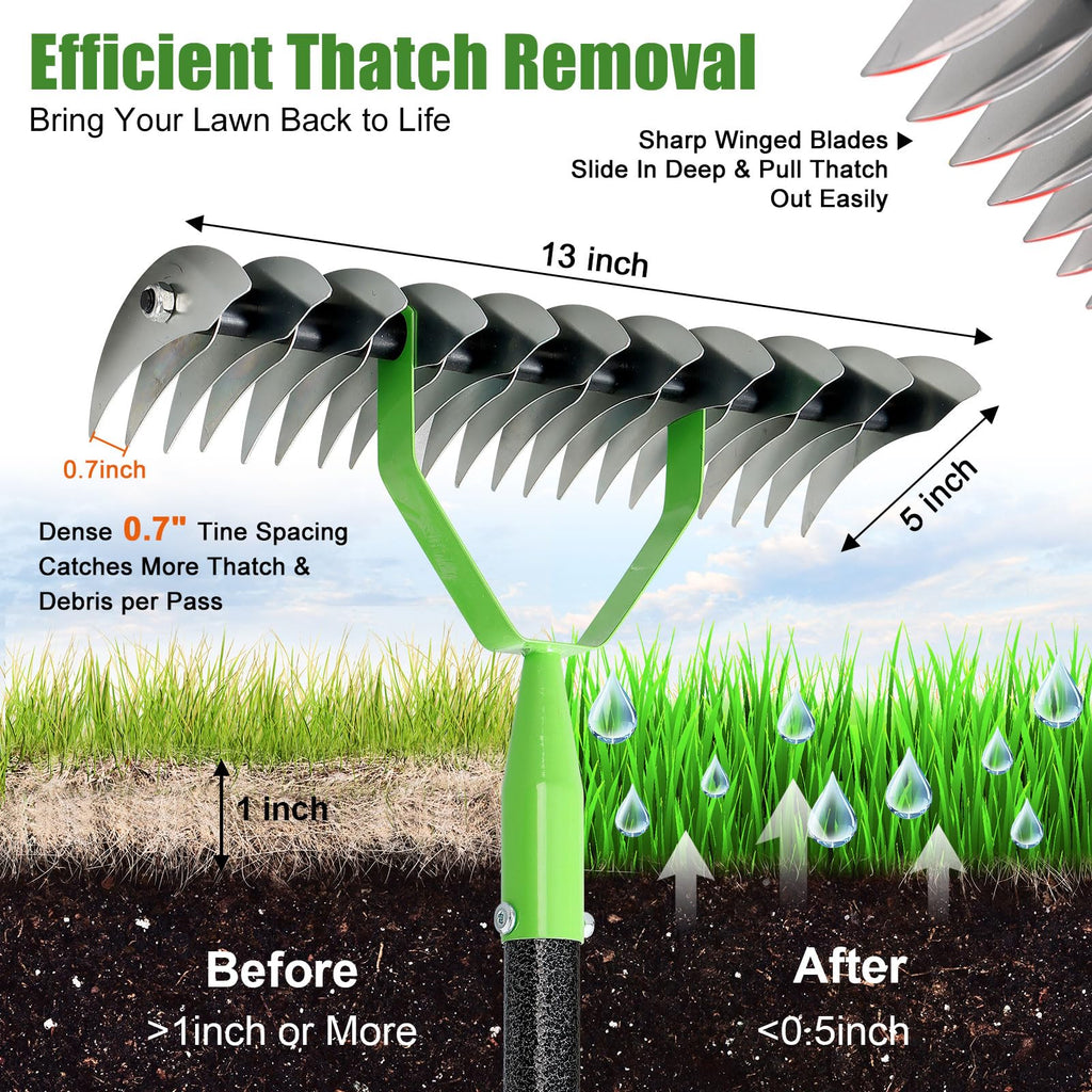 Heavy Duty Thatch Rake, 13" Dual-Sided, 21 Carbon Steel Tines, 70" Handle