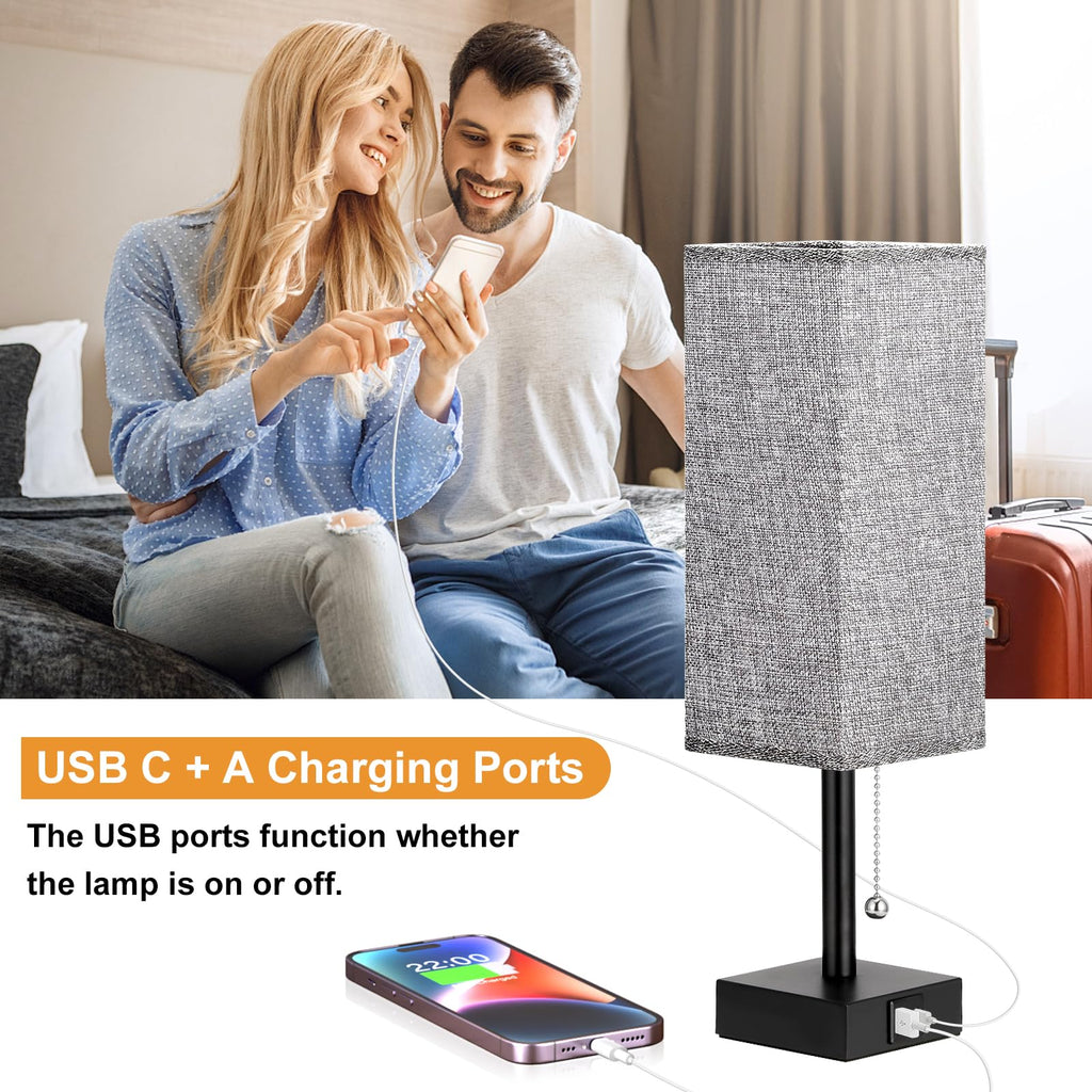 aooshine Bedside Table Lamps Set of 2 - Gray Bedroom Lamps with 3 Color Temperatures (3000K/5000K/4000K), Square Nightstand Light with USB C + A Charging Ports, Pull Chain Small Night Light