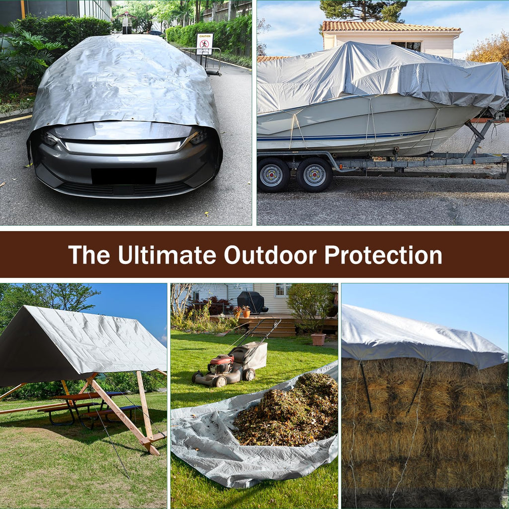 Sunvigor Tarp Waterproof 8x10Ft, Heavy Duty Tarp Cover Extra Thick 14 Mil Tear and UV Resistant, Outdoor Tarps with Grommets and Reinforced Edges for Roof, Camping, Patio, Pool, Boat (Silver/Brown)