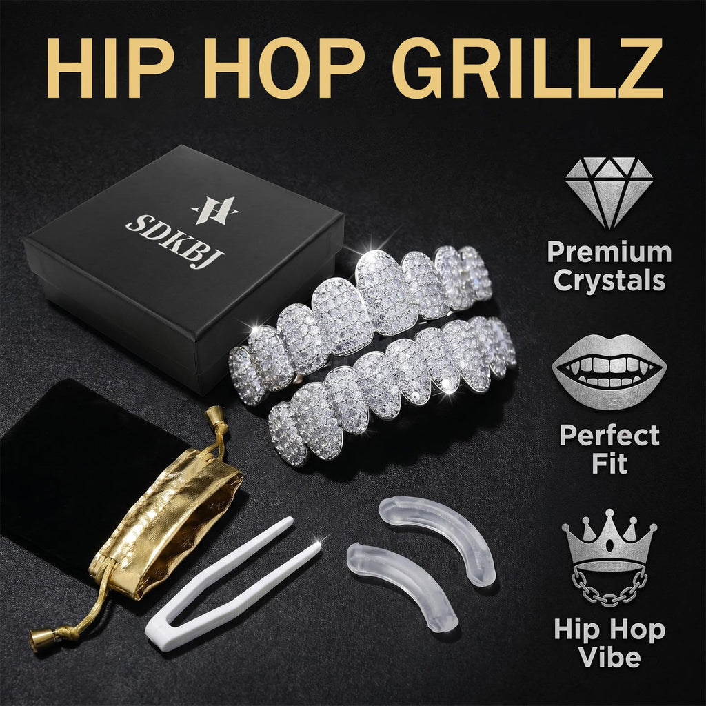 Men and women Adjustable Gold and Silver Grillz - Hip Hop Bling Tooth Covers with Cubic Zirconia - Detachable Fashion Dental Jewelry for Men (Silver)