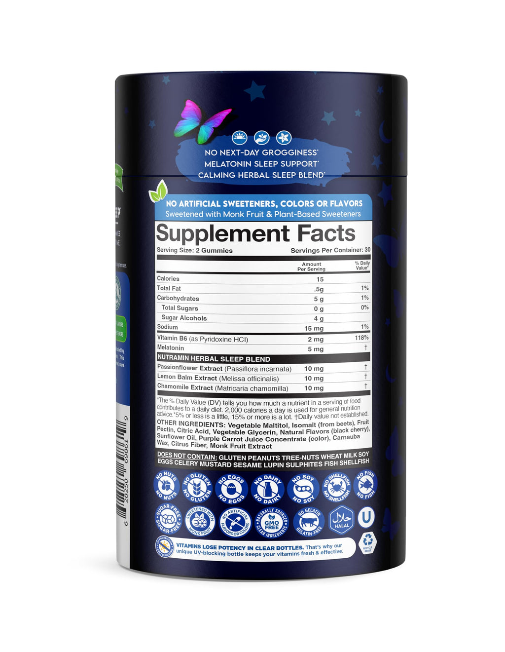 NUTRAMIN Sleep Boost - Dual Sleep Formula Melatonin + Herbal Blend - Sugar-Free, Vegan, Apple Pectin, Dark Cherry 60 ct