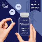 LongLifeNutri Policosanol 100mg - 200 Vegetarian Capsules, Natural Sugar Cane Supplement for Balanced Cholesterol, 3-Month Supply, Non-GMO, Lab Tested, Made in USA