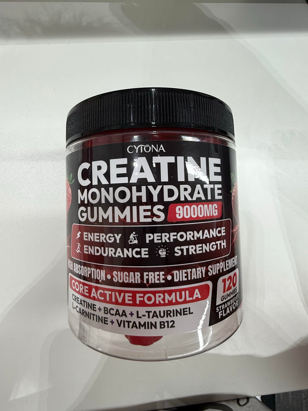 Creatine Monohydrate Gummies 9000mg for Men & Women, Creatine Gummies Pre Workout Creatine Chews for Muscle Growth, Strength & Energy, with L-Taurine, Sugar Free, Vegan, 2 Pack, Strawberry Flavor