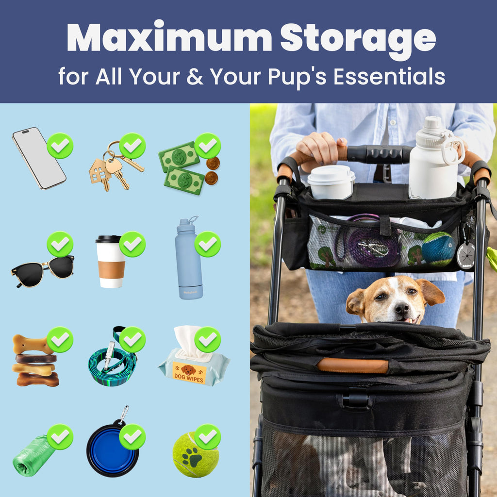 rubyloo Dog Stroller Caddy Organizer with Poop Bag Dispenser, Treat Pocket, Water Bowl – Dog Stroller Accessories with Insulated Cup Holders, Pet Storage & Non-Slip Fit for 14"-19" Wide Handlebars