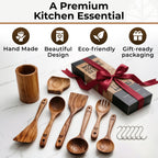 Wooden Utensil Set, 8 Pcs Teak Wooden Spoons for Cooking with Holder