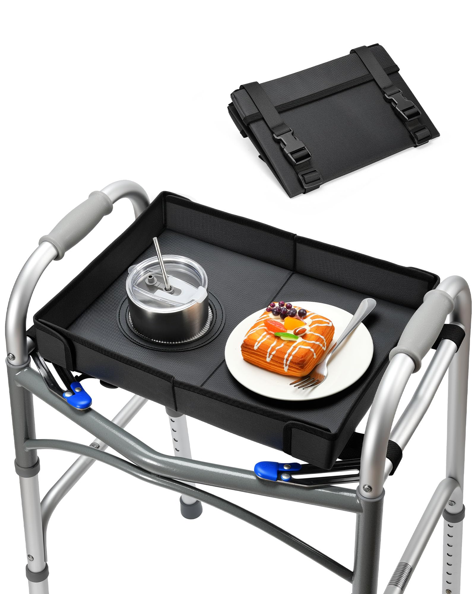 FANGSUN Walker Tray for Folding Walker 2.0 – Upgraded Detachable Tray for Walkers with Extended Straps & Cup Holder, Fits Rolling Walkers with Side Bars, Mobility Accessory for Seniors