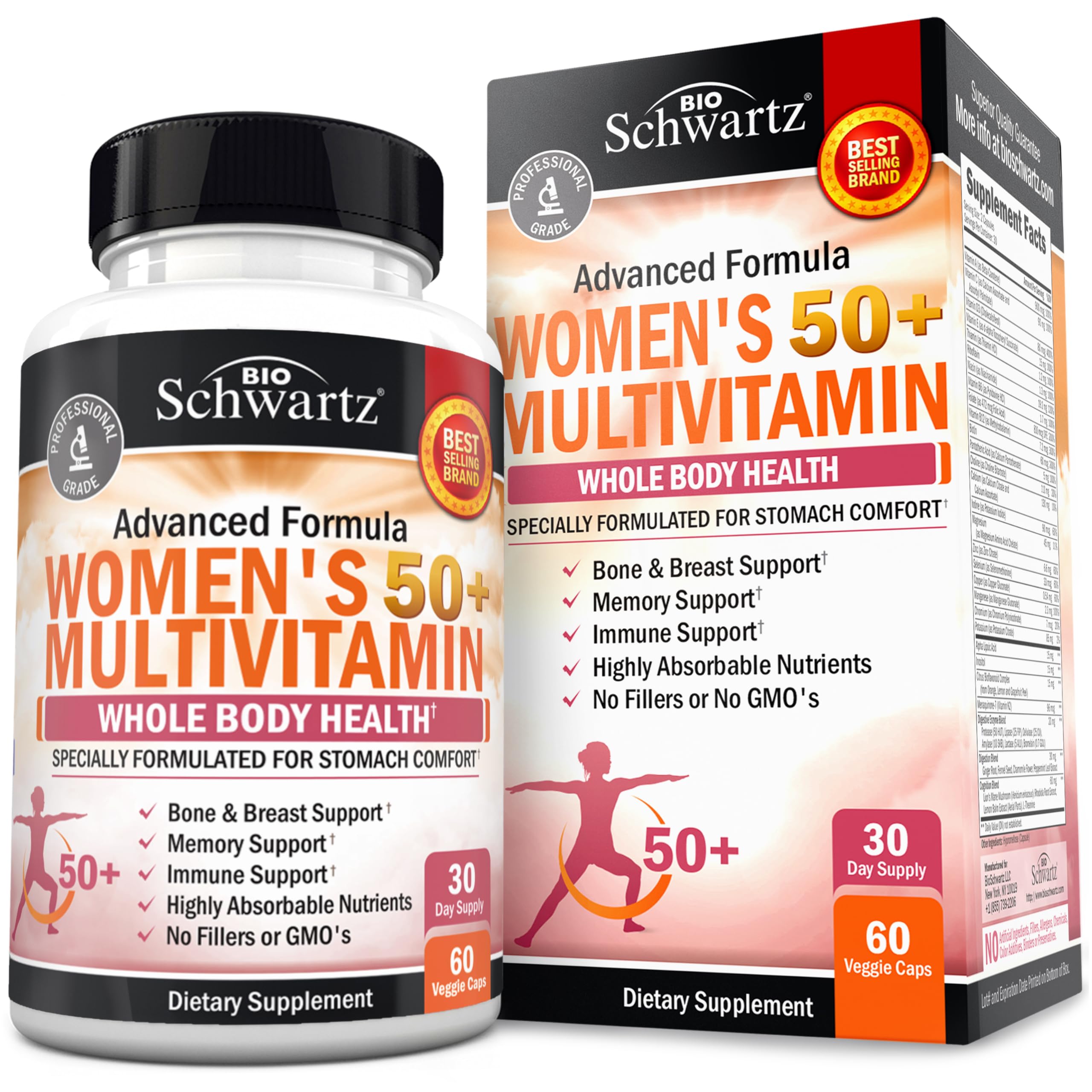 Daily Multivitamin for Women 50 & Over – Memory Support Supplement – Promotes Stress Reduction & Healthy Immune Response – Women's Multivitamin Supplement Designed for Stomach Comfort - 60 Capsules