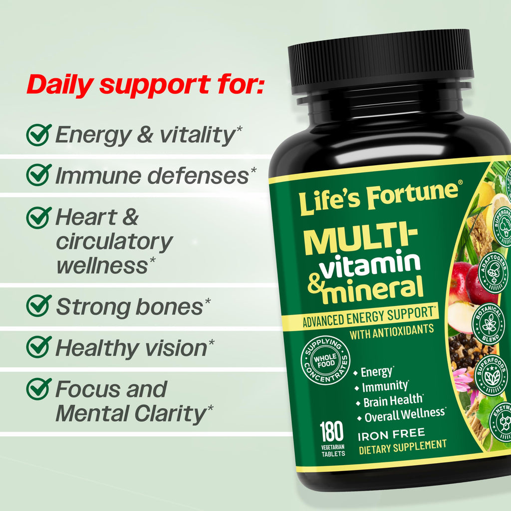Life's Fortune Whole Food Multivitamin & Mineral Supplement for Men & Women – Energy Support Vitamins for Immune, Brain & Metabolism Support – Iron Free, 180 Vegetarian Tablets