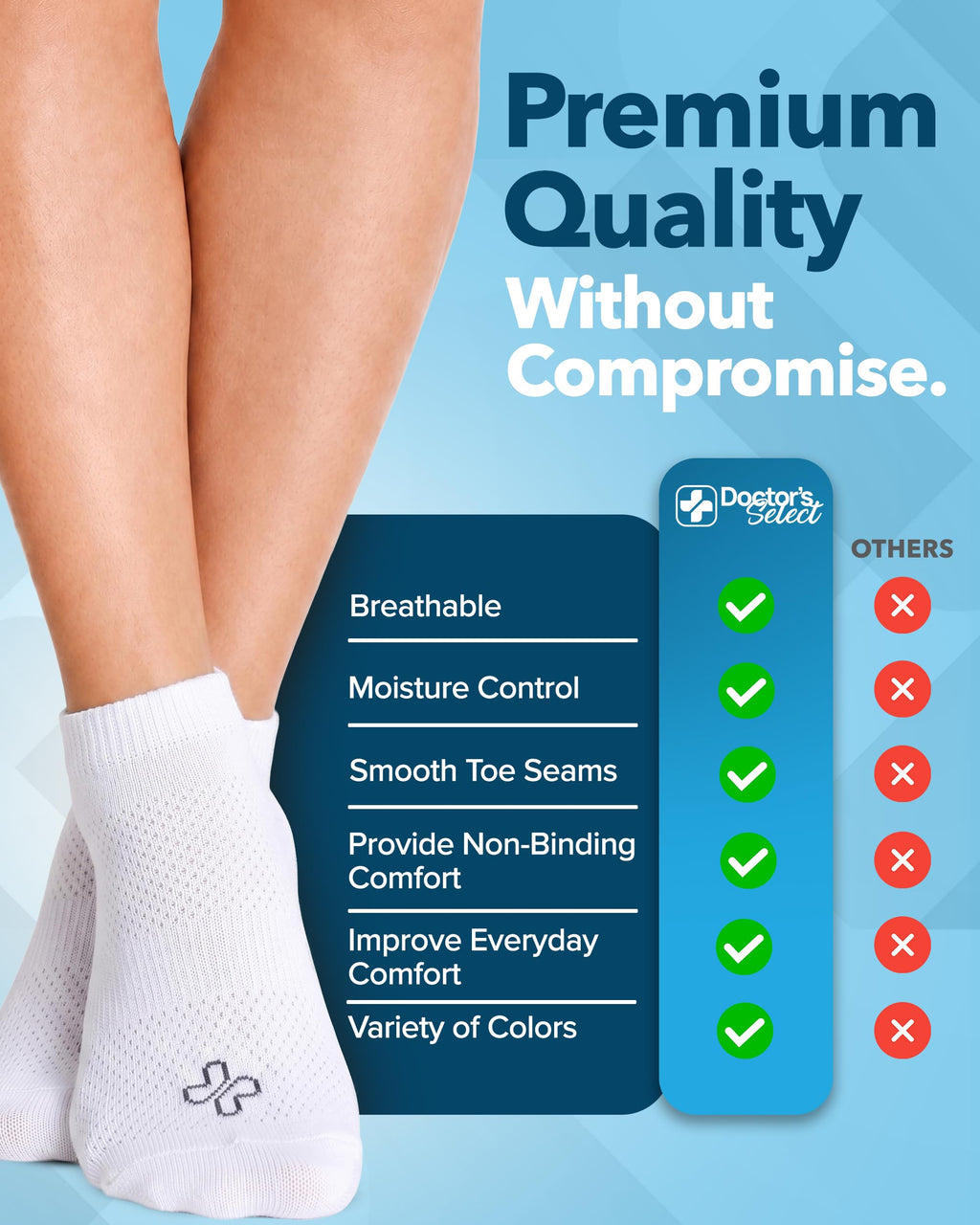 Doctor's Select Viscose Bamboo Ankle Diabetic Socks for Women and Men - 6 Pairs | Quarter Diabetic Socks for Women Size 9-11 | Viscose Bamboo Socks Woman | Edema Socks | White
