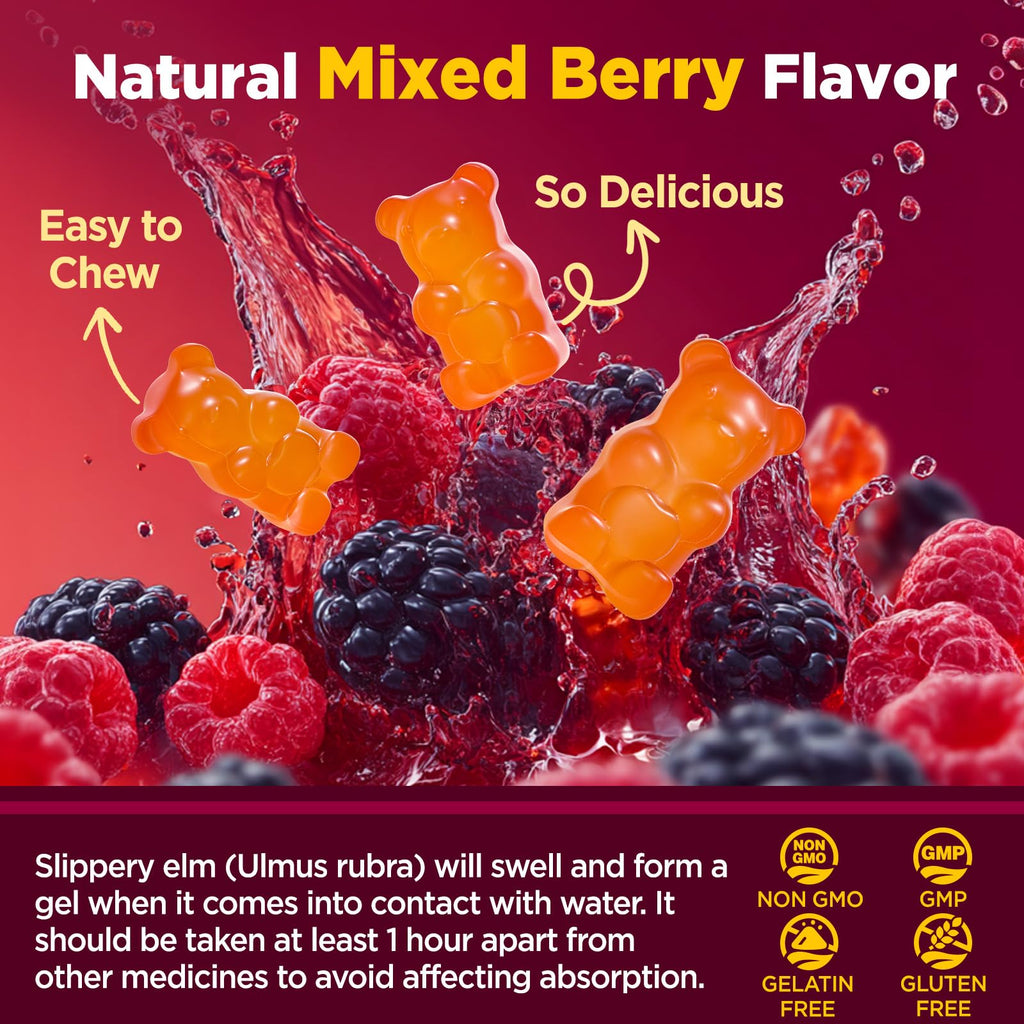 Slippery Elm for Women Gummies, Organic Slippery Elm Bark Extract with Probiotics, Sea Buckthorn, L-Glutamine for Gut & Digestive Health, Throat & Respiratory Support, Sugar Free, Vegan, 60 Gummies