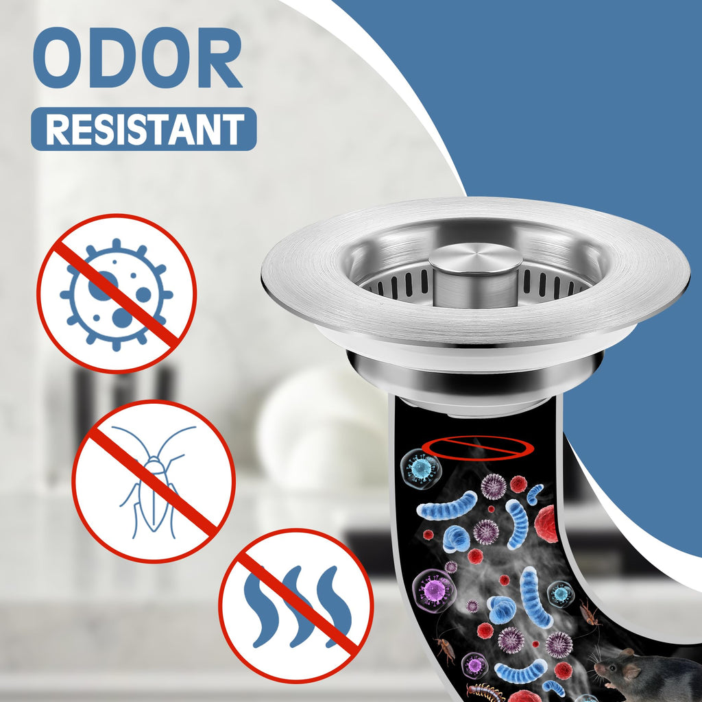 Kitchen Sink Drain Strainer 2 Pack, 304 Stainless Steel Pop Up Sink Stopper, Anti-Clogging Sink Drain Strainer for US Standard Kitchen Drain (SUS304 Brushed)