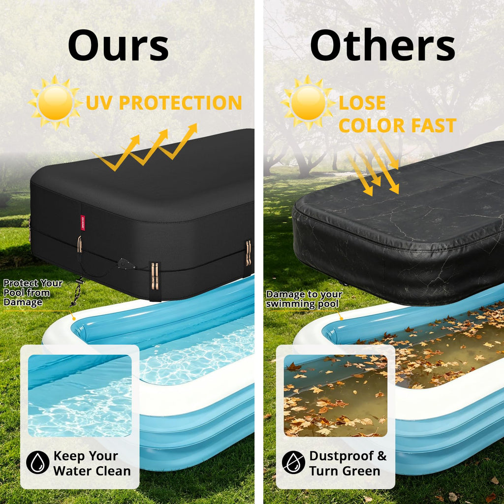 QH.HOME 90"x60" Rectangular Pool Cover for Inflatable Pool,Black Oxford Fabric Heats Water, Blocks Leaves & Sun, Windproof Snug Fit with Patented Ratchet & Weight Rings