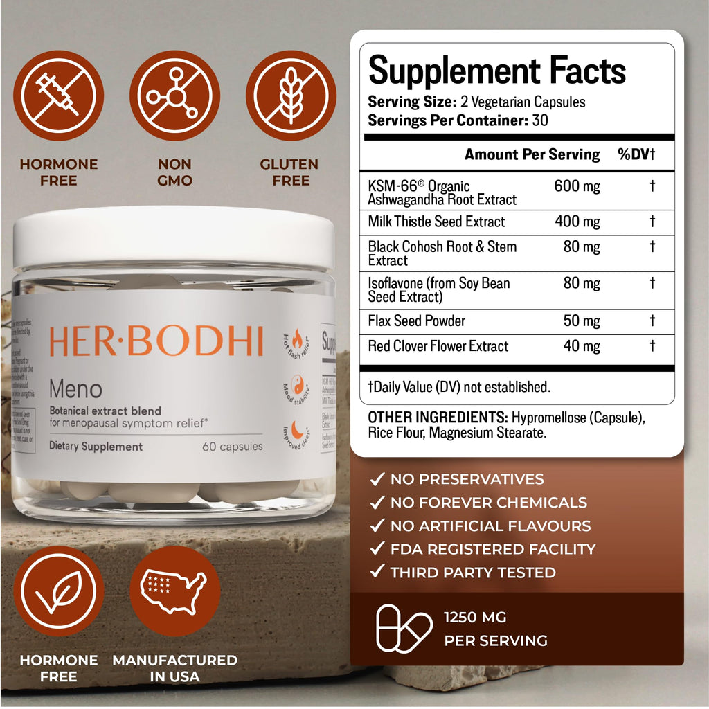 Her Bodhi Meno- Menopause Hormonal Balance for Women, Estrogen Soy Isoflavones Menopause Supplement for Women, Holy Basil, Ashwagandha, Black Cohosh Hot Flashes Menopause Relief (60 Capsules)