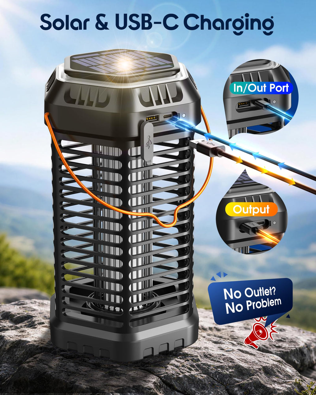 GTERT Solar Bug Zapper Outdoor, Rechargeable Mosquito & Fly Zapper with Auto ON/Off, 6000mAh Long-Lasting, Foldable Camping Light, Solar & USB Powered Bug Zapper for Patio, Camping & Indoor Use