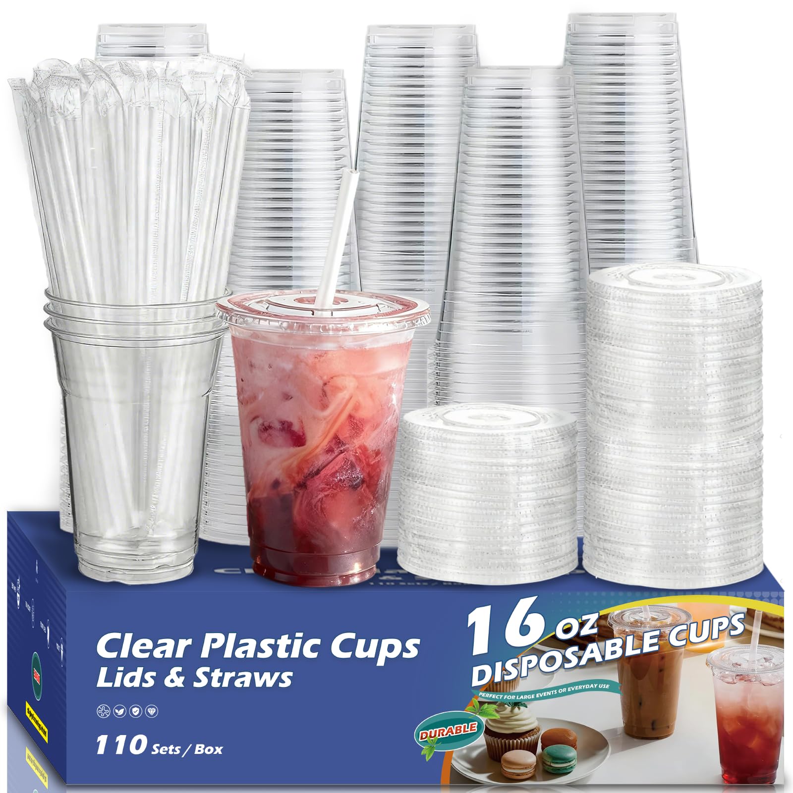 Voatree Disposable Clear Plastic Cups with Lids and Straws,110 Pack,16 oz