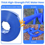 Poolvio Backwash Hose 1-1/2" x 50 ft, Blue Lay-Flat PVC Discharge Hose with 2 Stainless Steel Thumb Screw Clamps, Leak-Free for Swimming Pool Filter Cleaning, Flooded Area, Pond Draining