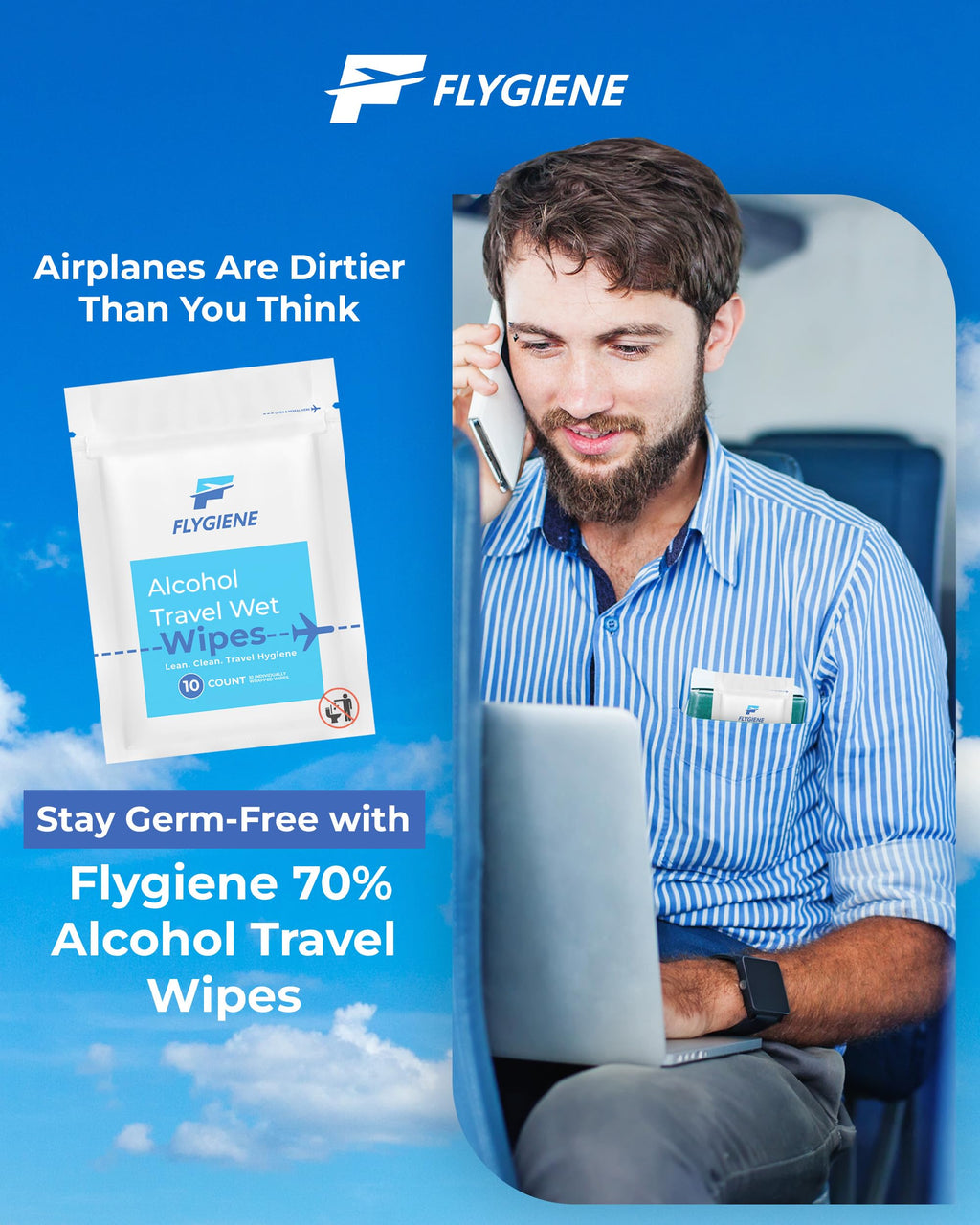 FLYGIENE Travel Sanitizing Wipes (20 Count (2 Packs of 10))