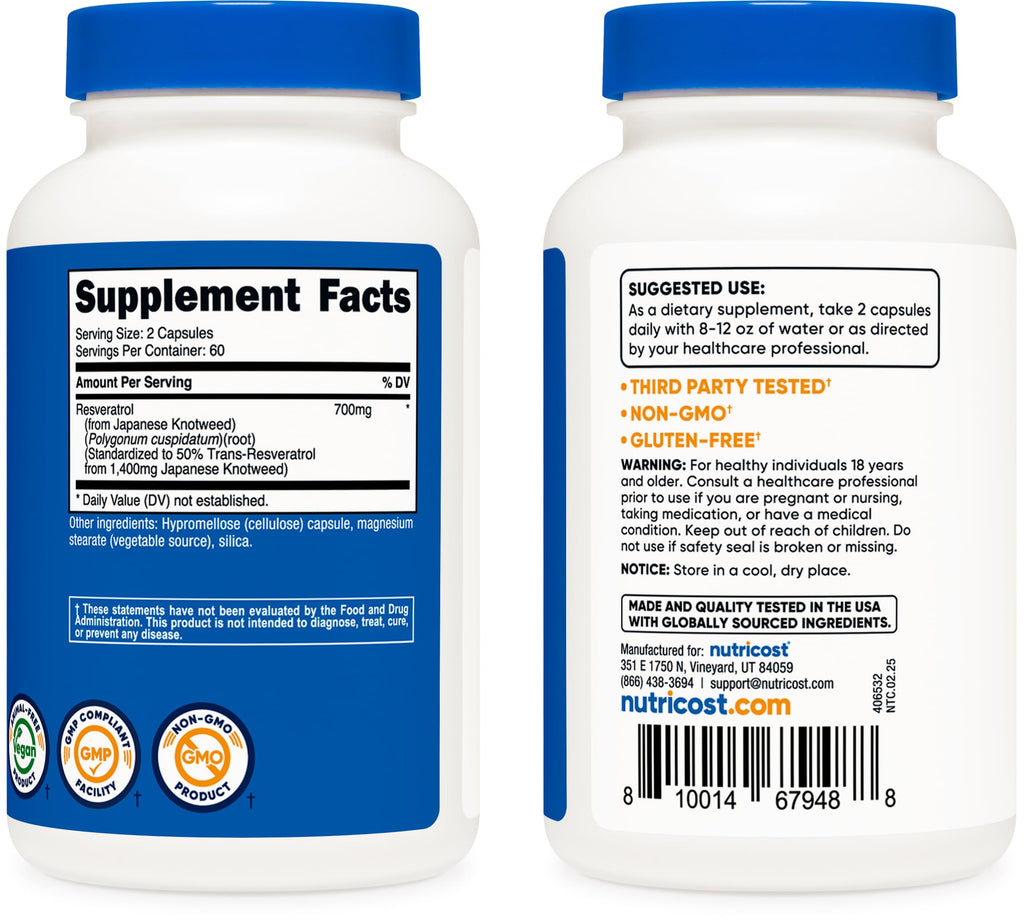 Nutricost Resveratrol 700mg; 120 Vegetable Capsules - 50% Trans-Resveratrol (2 Bottles)