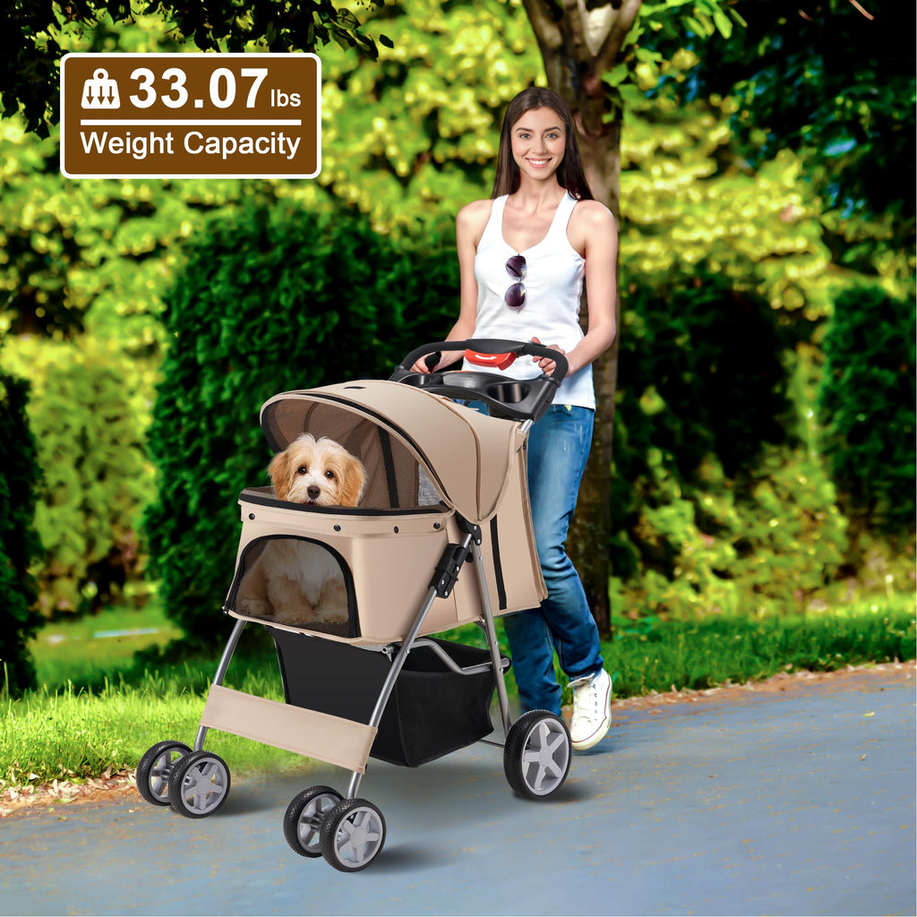 Azaeahom Pet Stroller, 4 Wheels Pet Strolling Cart for Medium/Small Dogs and Cats, Foldable Cat Jogger/Dog Stroller with Cup Holder, Storage Basket, Breathable Mesh, All-Season Pet Carrier, Khaki
