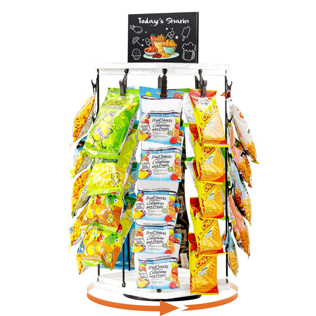 Pinzoveco Chip Rack Display Stand, 5 Tiers 40 Clips Snack Organizer for Office Desk, 360° Rotating Wooden Base Chip Holder Candy Display for Concession Stand, Countertop, Party, With Message Board