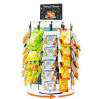 Pinzoveco Chip Rack Display Stand, 5 Tiers 40 Clips Snack Organizer for Office Desk, 360° Rotating Wooden Base Chip Holder Candy Display for Concession Stand, Countertop, Party, With Message Board