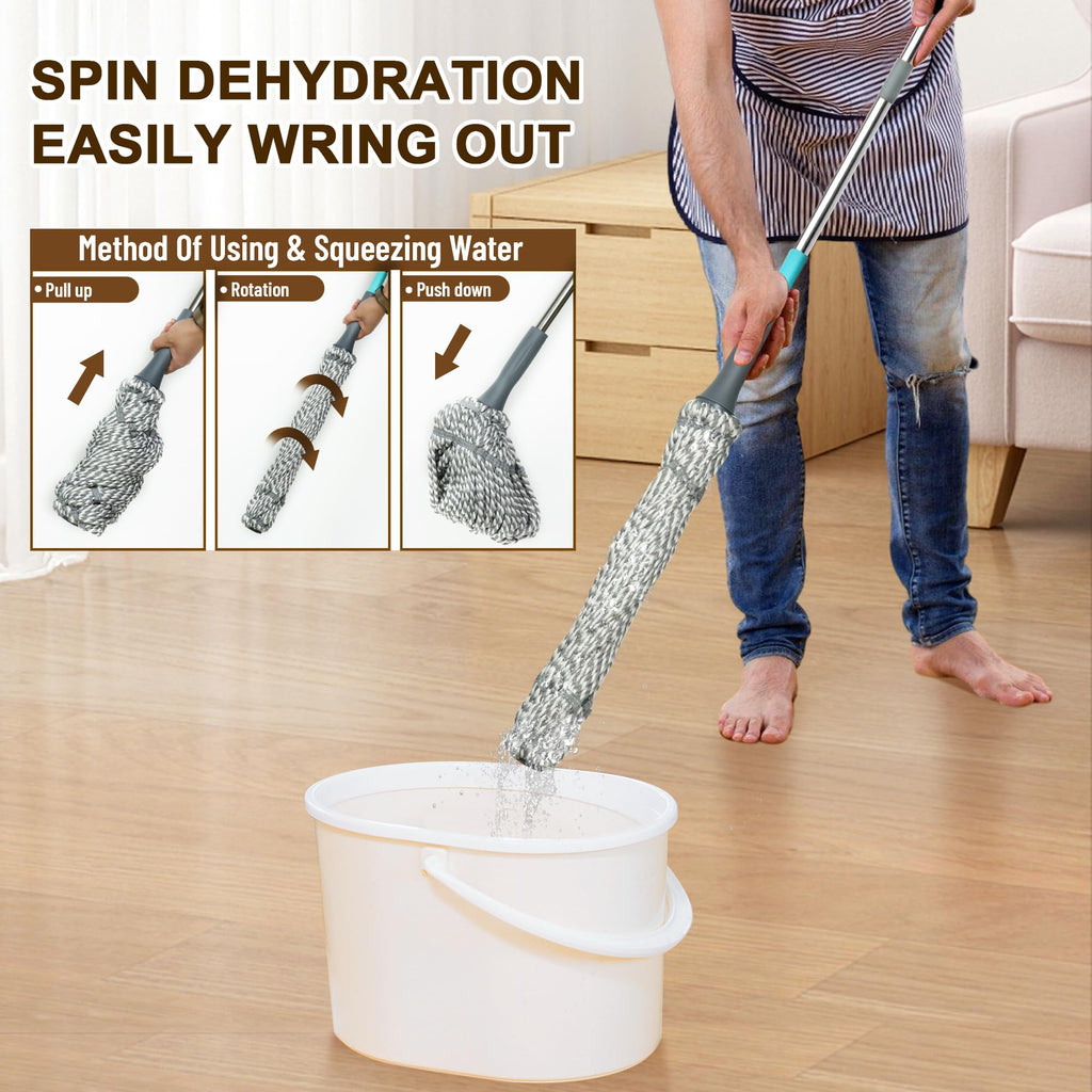 Kickleen Self Wringing Mop - Easy Squeeze Twist Mop with 52.5 Inch Long Handle, Heavy Duty for Hardwood, Tile, Vinyl & Laminate Floors (Gray)