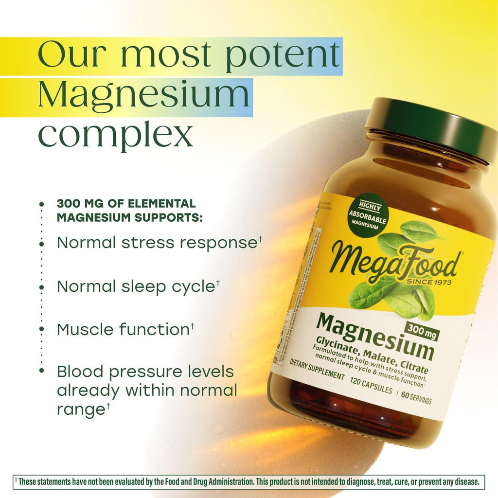 MegaFood Magnesium Glycinate, Citrate & Malate 300mg Supplement - Highly Absorbable Blend to Support Heart, Nerve Health & Relaxation, Triple Magnesium Complex Supplement, 120 Capsules (60 Servings)