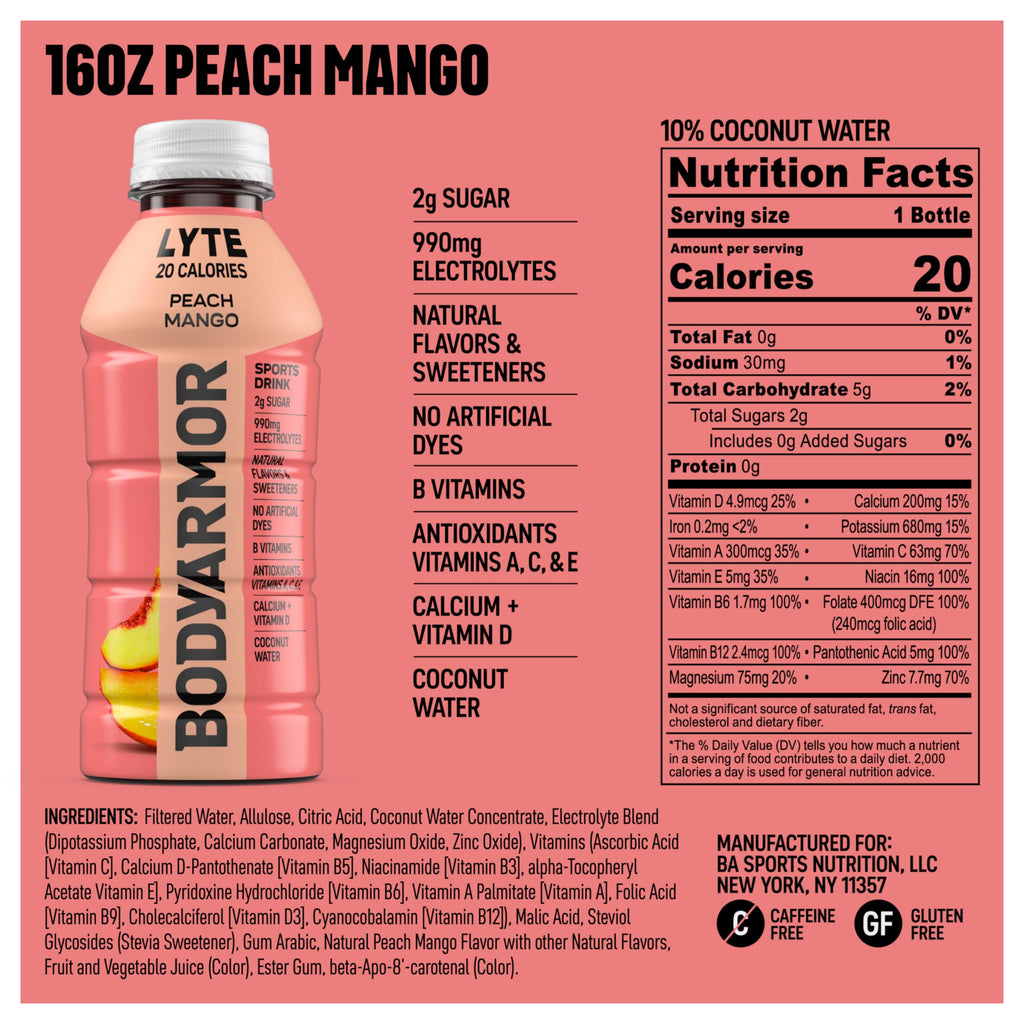 BODYARMOR LYTE Sports Drink, Peach Mango Electrolyte Drink, 16 Oz (12 Pk)