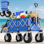 Blue Beach Wagon with Big Wheels for Sand - Heavy Duty 10" Wheel Collapsible Wagon Foldable Large Cart Folding All Terrain for Camping