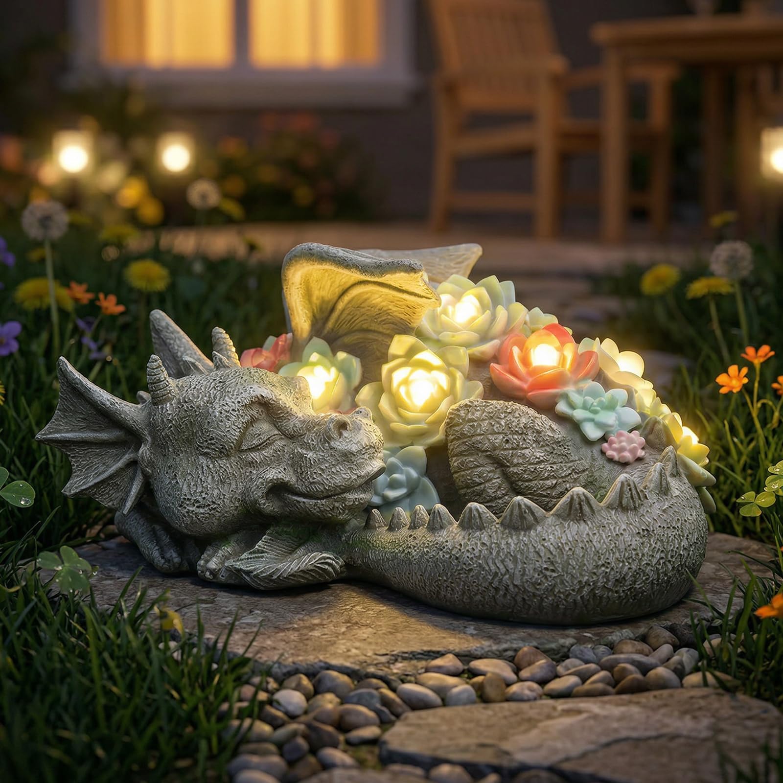 Solar Dragon Garden Statue, Sleeping Dragon with Solar Light Succulent