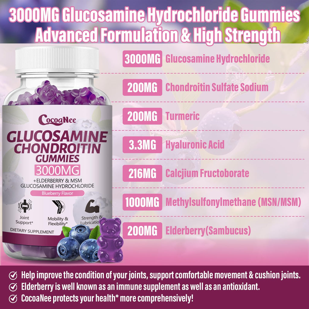 CocoaNee 3 Packs 3000MG Glucosamine Chondroitin Gummies, Extra Strength Joint Support Supplement with MSM & Elderberry, Flexibility, Antioxidant Immune Support Gummy for Adults, Men & Women 180Cts