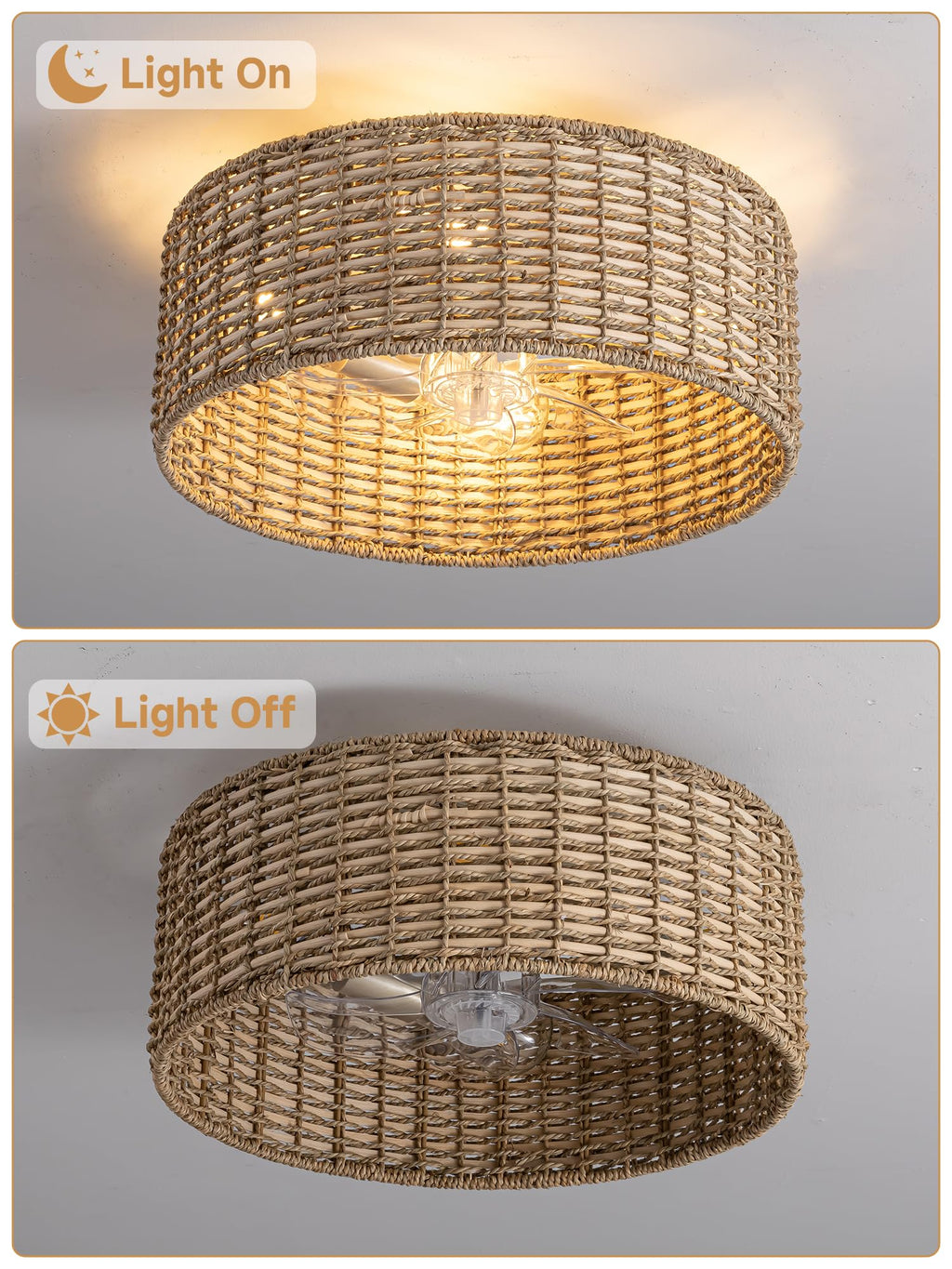 DARYEWO Handwoven Boho Rattan Ceiling Fan with Light,Flush Mount Caged Ceiling Fans with Lights and Remote Control,Low Profile Enclosed 6 Speeds Fandelier for Bedroom Living Dining Room,4-Light