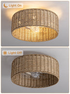 DARYEWO Handwoven Boho Rattan Ceiling Fan with Light,Flush Mount Caged Ceiling Fans with Lights and Remote Control,Low Profile Enclosed 6 Speeds Fandelier for Bedroom Living Dining Room,4-Light