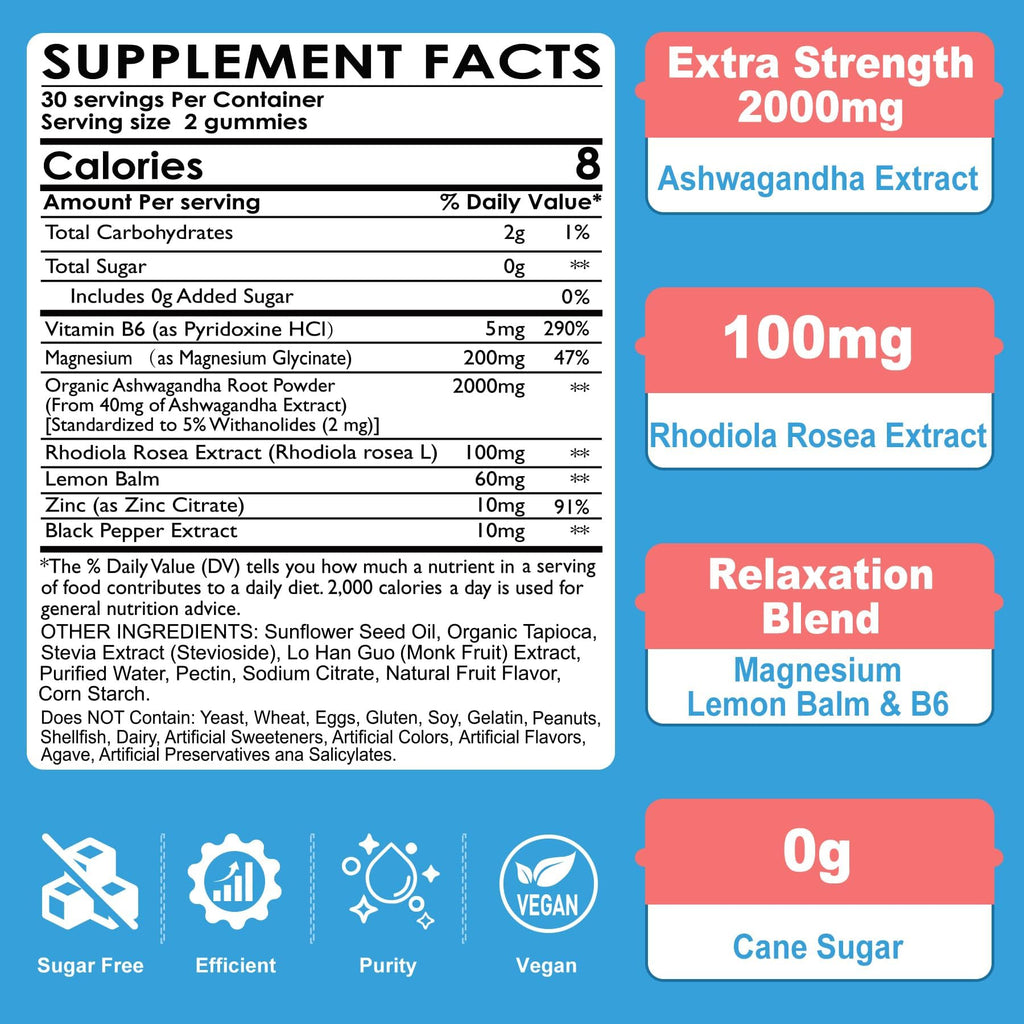 Ashwagandha Gummies, Magnesium Glycinate Gummies 2000mg for Adults, Vitamin B6, Zinc, Rhodiola Rosea, Lemon Balm, Relaxation Support, Natural Zzz, Brain, Muscle, Stamina, Energy, Sugar Free