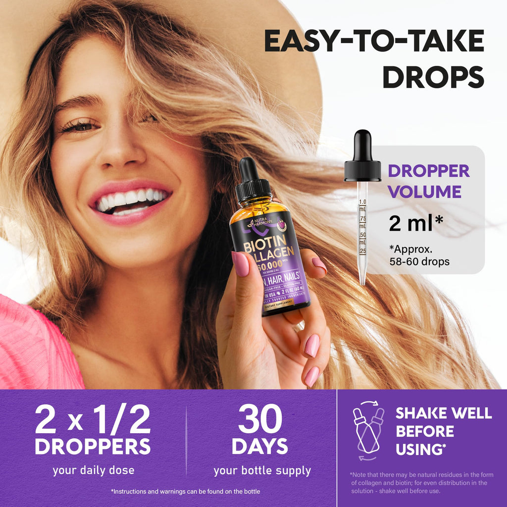 Liquid Biotin & Collagen 60,000 mcg - Vitamins for Hair Growth Support - Extra Strength Drops for Women & Men - Liquid Collagen Supplement - Strong Nails & Healthy Skin - Made in USA - 2 Fl Oz