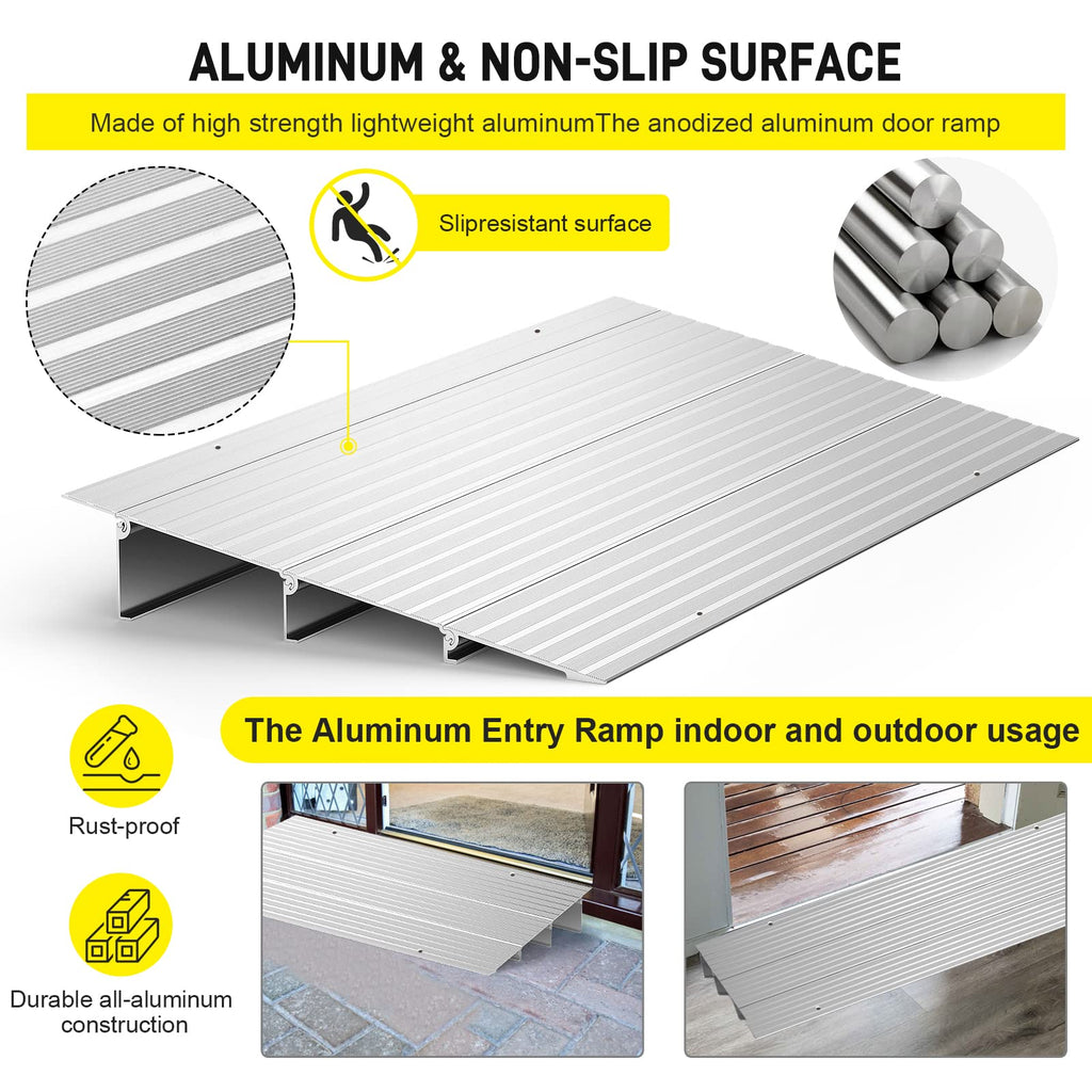 Door Threshold Ramp 3" Rise Door Ramp Aluminum Entry Ramp or Doorways Rated 800 lbs Load Capacity forWheelchair Scooters Power Chairs Walkers Metallic