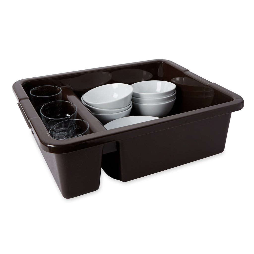 Rubbermaid Commercial Products Standard Divided Bus/Utility Box 7-Gallon Brown Plastic Heavy Duty Divided Restaurant Wash Basin/Dish Washing Tub for Cups/Plates/Bowls