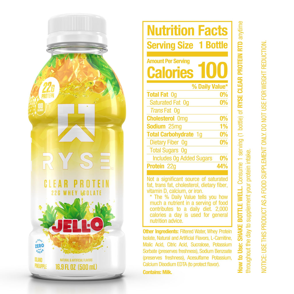 RYSE Clear Protein Drink - Jell-O Island Pineapple - 100 Calories, 22g Whey Isolate Protein Shake, Sugar-Free, 0g Fat & Lactose-Free - Refreshing Ready-to-Drink Beverage - 16.9 fl oz Bottles (12-Pack)