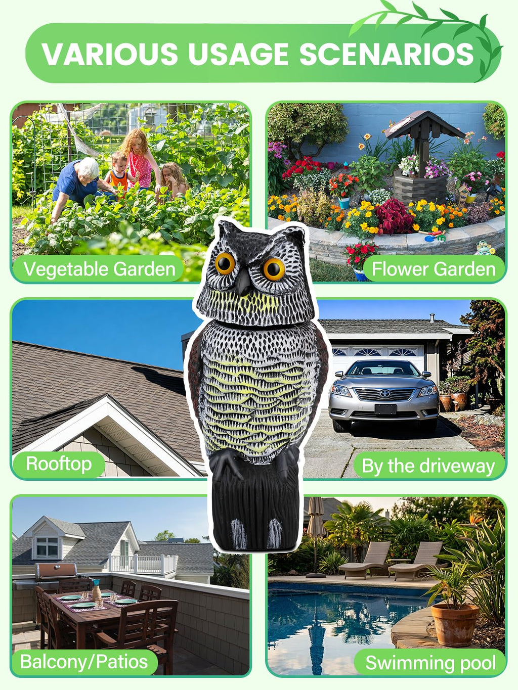 Owl Decoys to Scare Birds Squirrels Away, 360 Rotating Head Activated
